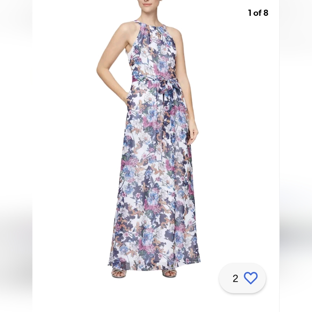 SL Fashions New York Printed Halter Maxi Dress Ivory Multi
